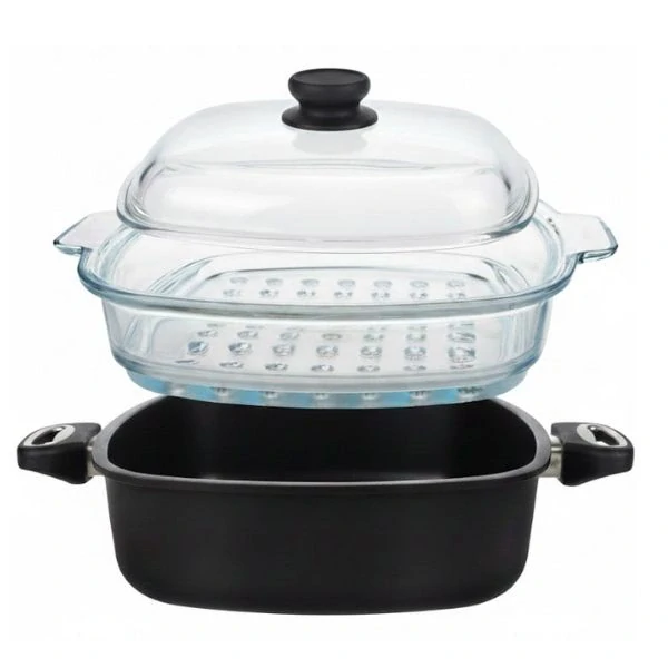 Set pro parní vaření SKK: Titanová pánev 26x26/8 cm, skleněný parní nástavec a poklice, indukční