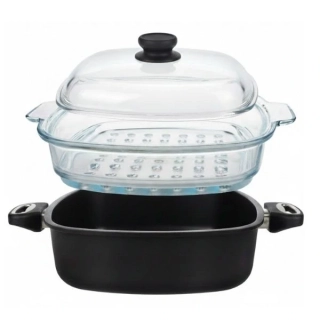 Set pro parní vaření SKK: Titanová pánev 26x26/8 cm, skleněný parní nástavec a poklice, indukční